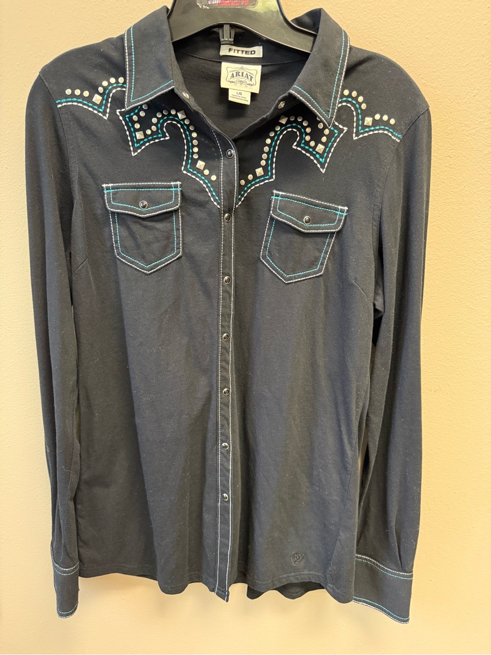 Ariat Black Western Snap Shirt with Turquoise Stitching and Stud Accents